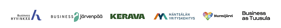 Rivissä kuuden kunnan yrityspalveluiden logot: Business Hyvinkää, Business Järvenpää, Kerava, Mäntsälän Yrityskehitys, Nurmijärvi ja Business Tuusula.