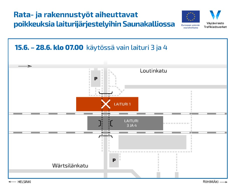 Kartta Saunakallion rautatieasemalta, jossa rata- ja rakennustyöt aiheuttavat poikkeuksia laiturijärjestelyihin 15.6. - 28.6. vain laiturit 3 ja 4 käytössä. Laituri 1 suljettu.