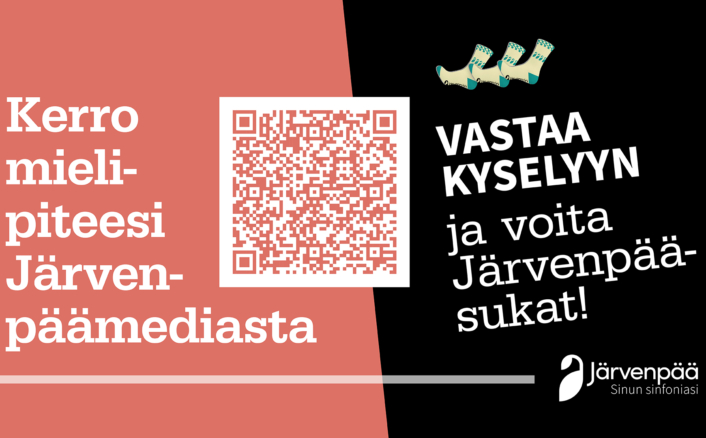Järvenpään kaupungin infonäyttömainos, jossa pyydetään antamaan palautetta Järvenpään päämediasta. Vasemmalla lukee suurella: ”Kerro mielipiteesi Järvenpään päämediasta”. Keskellä on QR-koodi kyselyyn. Oikealla teksti: ”Vastaa kyselyyn ja voita Järvenpää-sukat!”, jonka yläpuolella on kuvitus kolmesta sukasta. Alareunassa näkyy Järvenpään kaupungin logo ja tunnuslause ”Sinun sinfoniasi”. Taustaväreinä vaalea koralli ja musta.