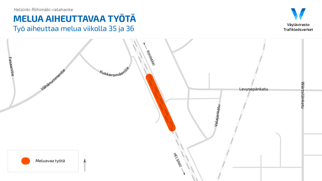 Kartta, joka näyttää melua aiheuttavaa työtä Helsinki-Riihimäki-rataosuudella. Kartalla on oranssilla merkitty alue Purolassa. Melua aiheuttavaa työtä tapahtuu viikoilla 35 ja 36.
