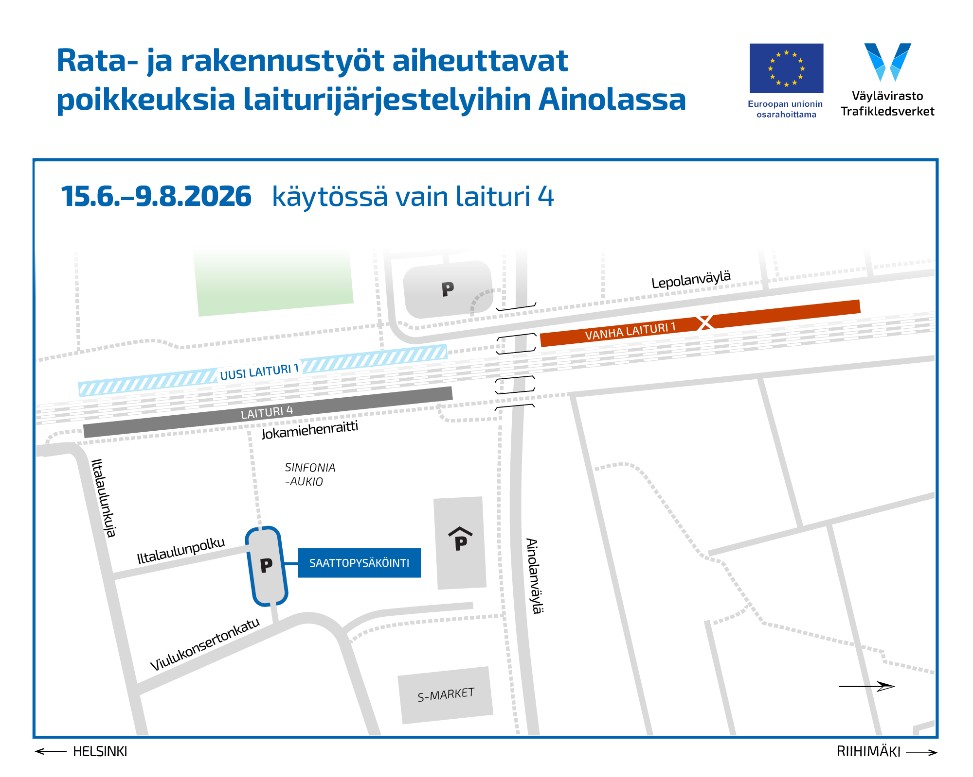Kartta, joka kuvaa rata- ja rakennustöiden aiheuttamia poikkeuksia laiturijärjestelyihin Ainolan asemalla. Ajanjakso 15.6.-9.8.2026, jolloin käytössä on vain laituri 4. Kuvassa näkyy myös uusi laituri 1, vanha laituri 1 ja pysäköintialueet.