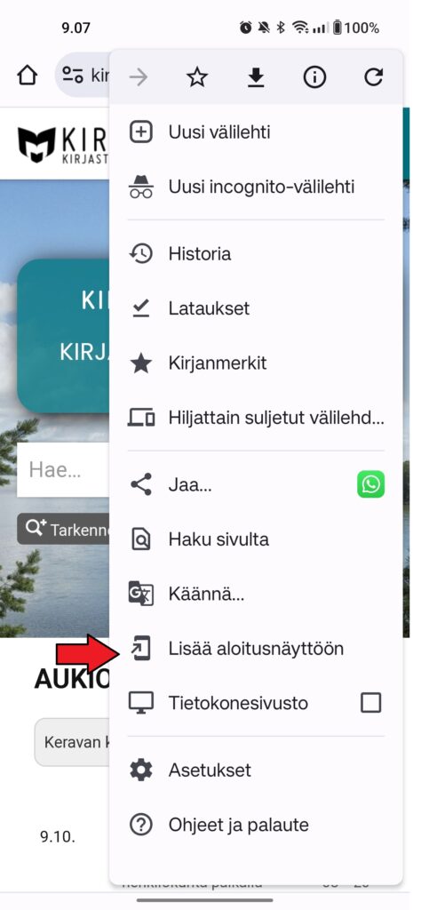 Chrome-selaimen valikko, jossa listattuna mm. "lisää aloitusnäyttöön"-toiminto.