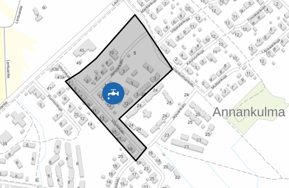 Karttakuva vesikatkon alueesta Jämsänkatu ja Vöyrinkatu.