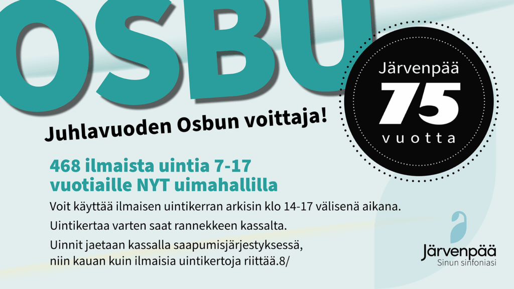 Juhlavuoden osallistuvan budjetoinnin juliste, jossa Järvenpää 75 vuotta juhlavuosilogo. Mainoksessa kerrottaan ilmaisuinneista lapsille ja nuorille.