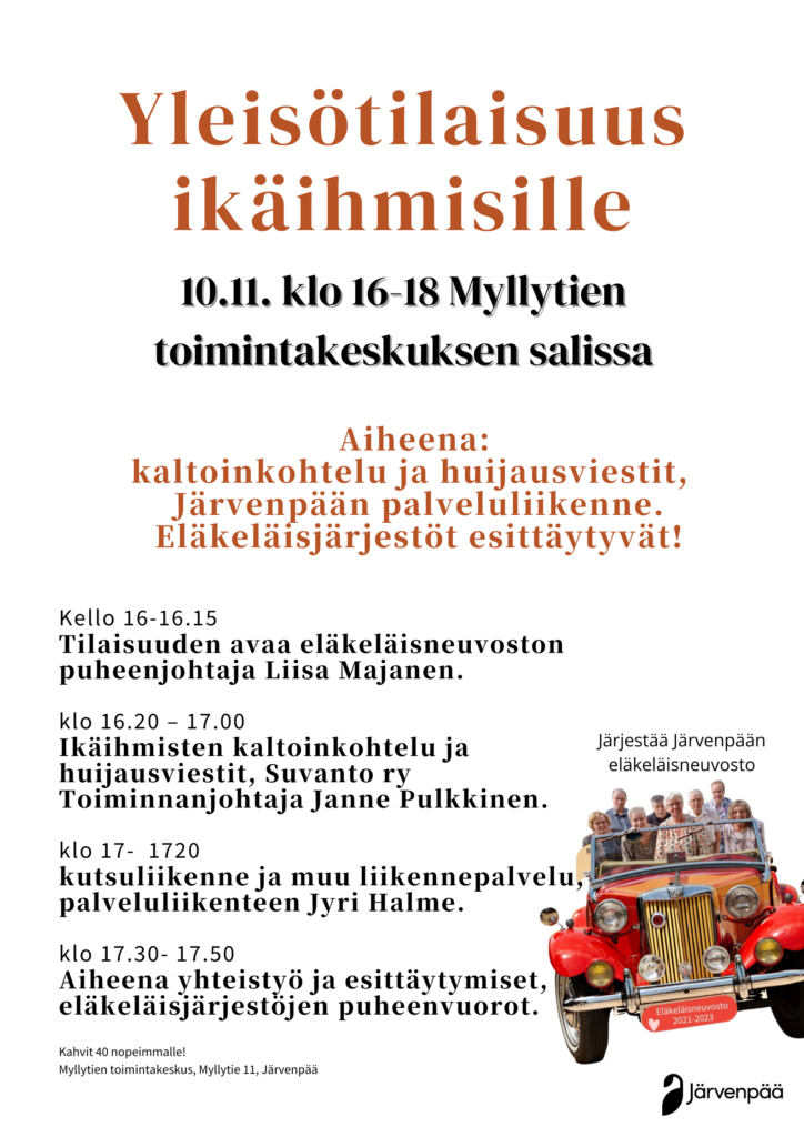 Julisteessa kerrotaan ikäihmisille tarkoitetun avoimen tilaisuuden sisältö, Kuvassa eläkeläisneuvoston jäsenet ajavat upeaa rolls royce -autoa. Kuva on käsitelty.