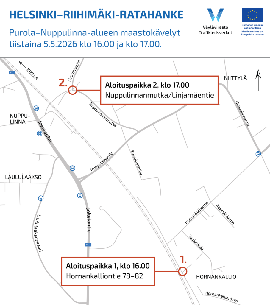 Kuvassa maastokävelyiden aloituspaikat.

Aloituspaikka 1. klo 16.00
Hornankalliontie 78-82

Aloituspaikka 2. klo 17.00
Nuppulinnanmutka/Linjamäentie