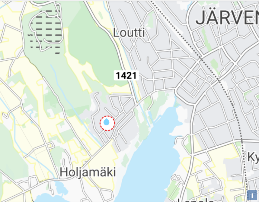 Karttakuva vesikatkoalueesta Järvenpään Kaakkolassa.