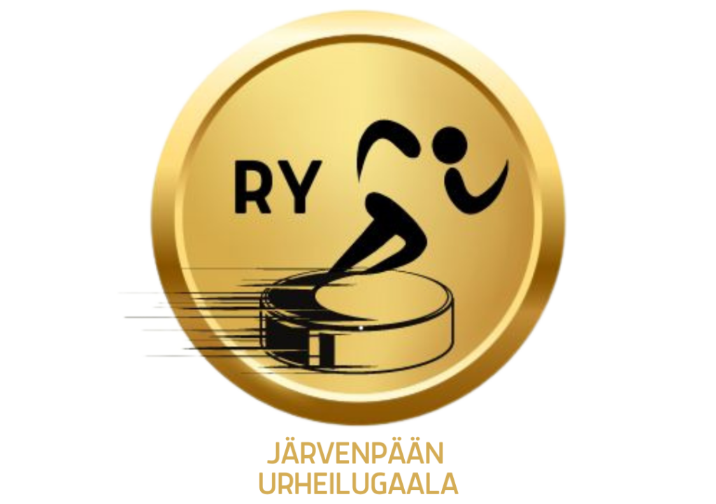 Logo, jossa on kultainen ympyrä, keskellä hahmo luistelemassa kiekon päällä, vasemmalla kirjaimet "RY" ja alapuolella teksti "Järvenpään Urheilugaala".