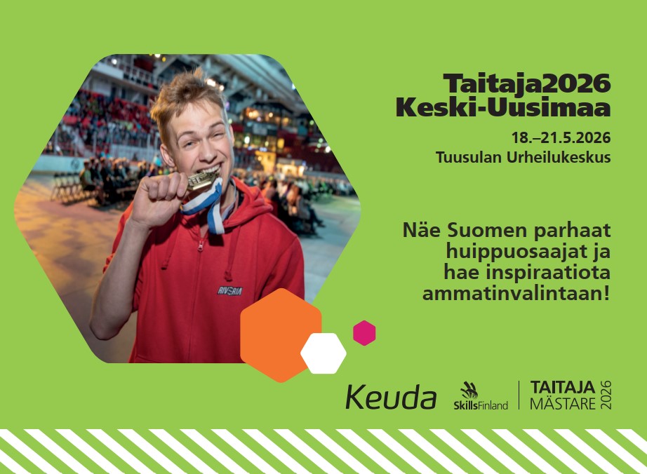 Henkilö pitelee mitalia suussaan sisätilassa, jossa on paljon ihmisiä. Kuvassa on teksti "Taitaja2026 Keski-Uusimaa 18.–21.5.2026 Tuusulan Urheilukeskus" ja "Näe Suomen parhaat huippuosaajat ja hae inspiraatiota ammatinvalintaan!".