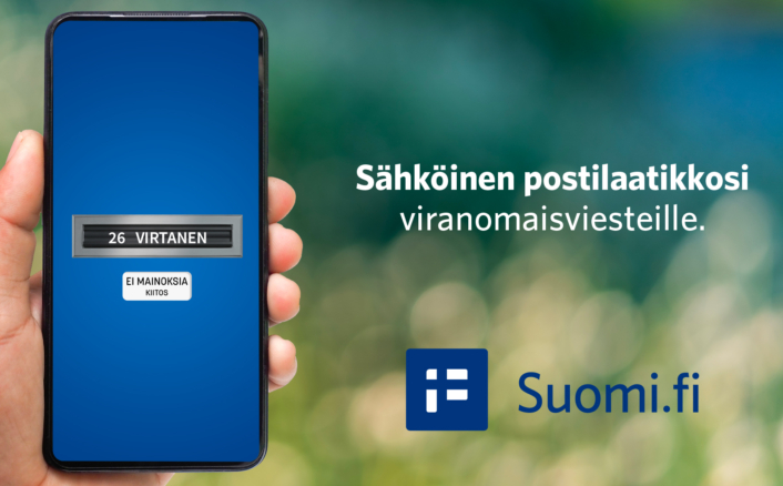 Kännykän näytössä on oven postiluukku, jossa lukee 26 Virtanen, ei mainoksia. Oikealla puolella lukee Sähköinen postilaatikko viranomaisviesteille.