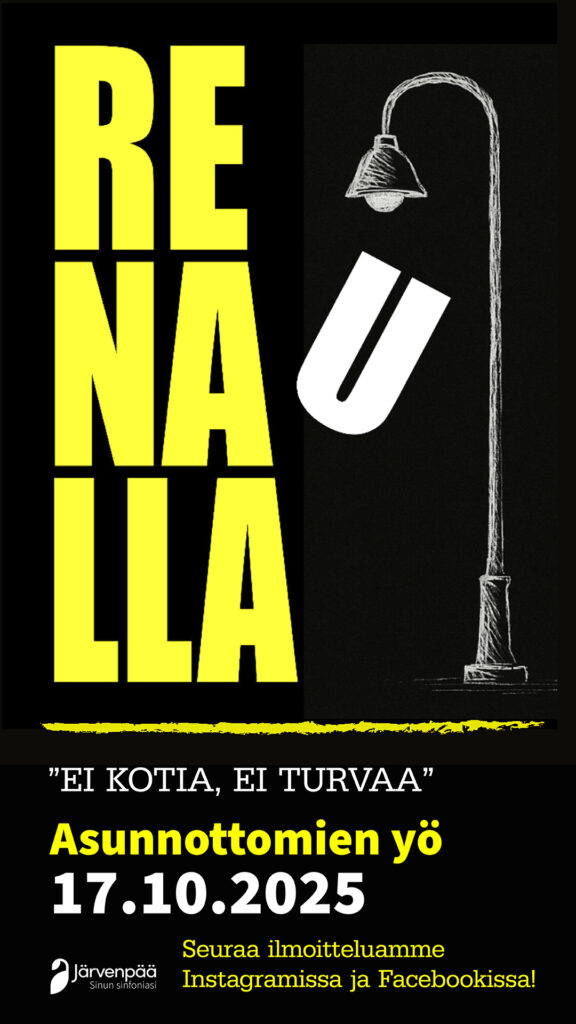 Mustalla pohjalla lukee Reunalla, "Ei kotia, ei turvaa". Asunnottomien yö 17.10.2025. Seuraa ilmoitteluamme Instagramissa ja Facebookissa.
