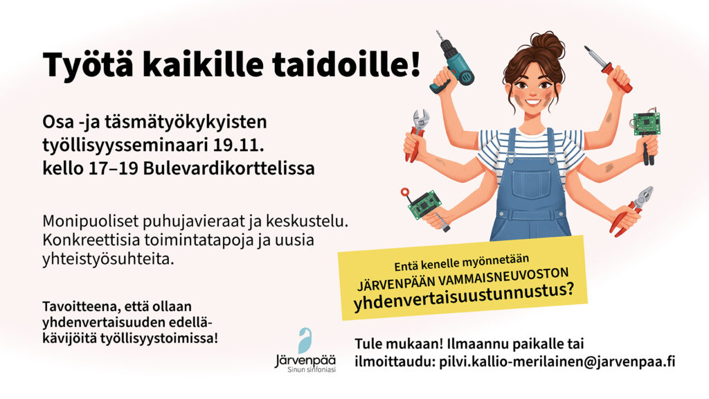 Juliste, jossa kuvattu nainen joka puuhakkaasti pitelee työvälineitä kuuden käden voimin.