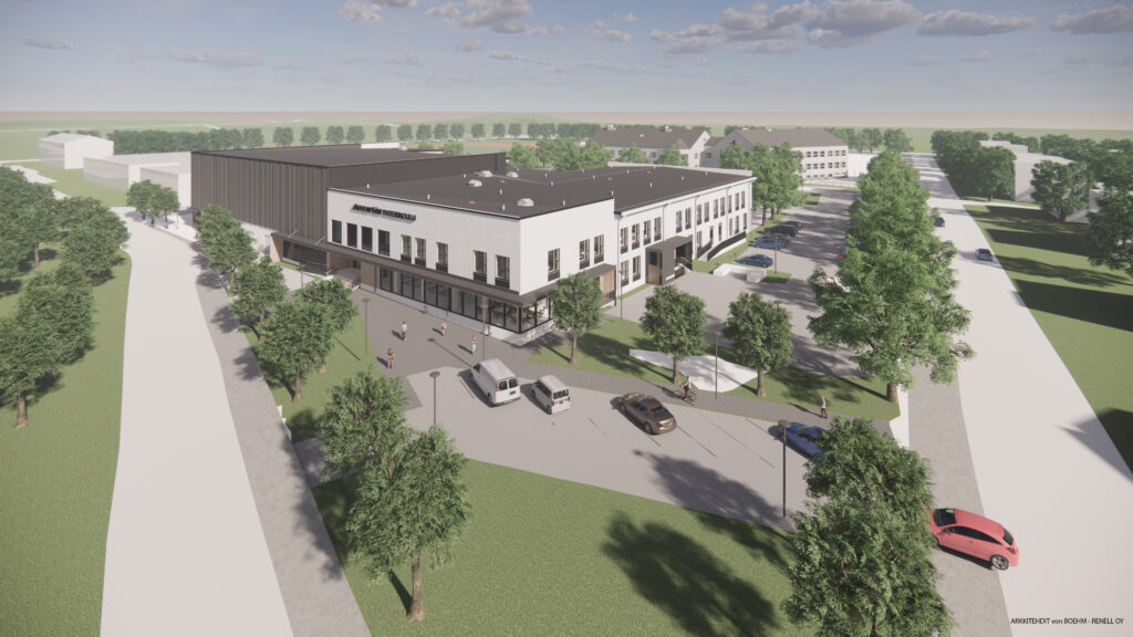 Tietokoneella toteutettu ilmahavainnekuva uudesta Järvenpään yhteiskoulun koulurakennuksesta ja sen lähiympäristöstä.