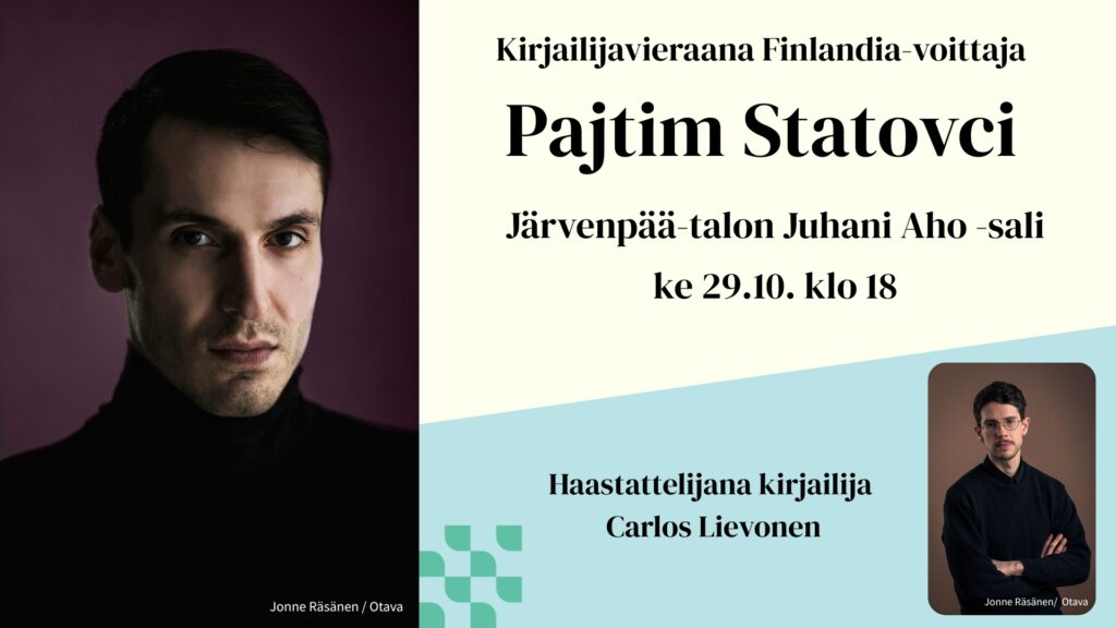 Kollaasi. Kasvokuva kirjailija Pajtim Statovcista. Pienempi kuva haastattelija Carlos Lievosesta.