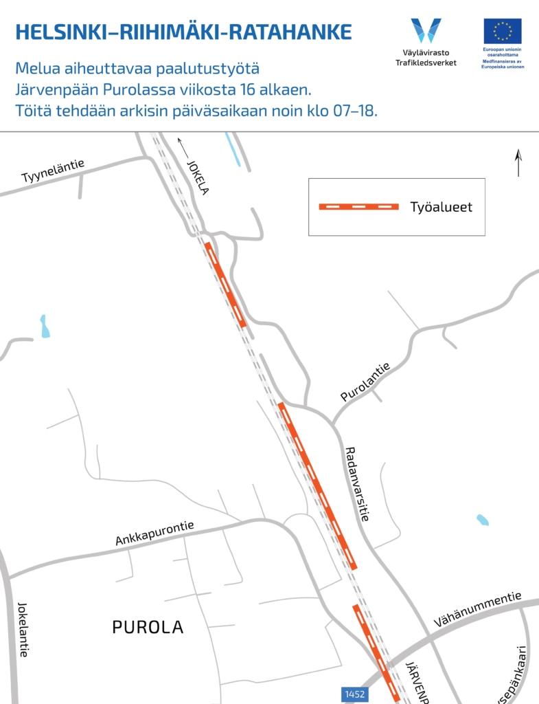 Kartta, joka esittää Helsinki-Riihimäki-ratahankkeen työalueet Järvenpään Purolassa. Melua aiheuttavaa paalutustyötä viikosta 16 alkaen, työt tehdään arkipäivisin noin klo 07–18.
