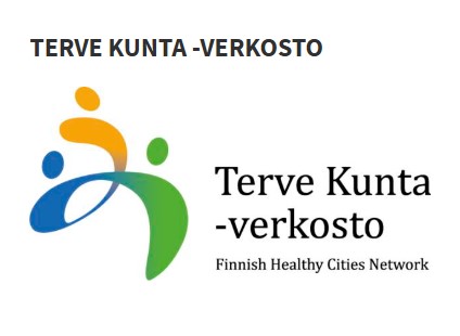 Terve kunta -verkoston logokuvio, jossa on sinistä, keltaista ja vihreää. Vieressä lukee Terve kunta -verkosto, Finnish Healthy Cities Network.