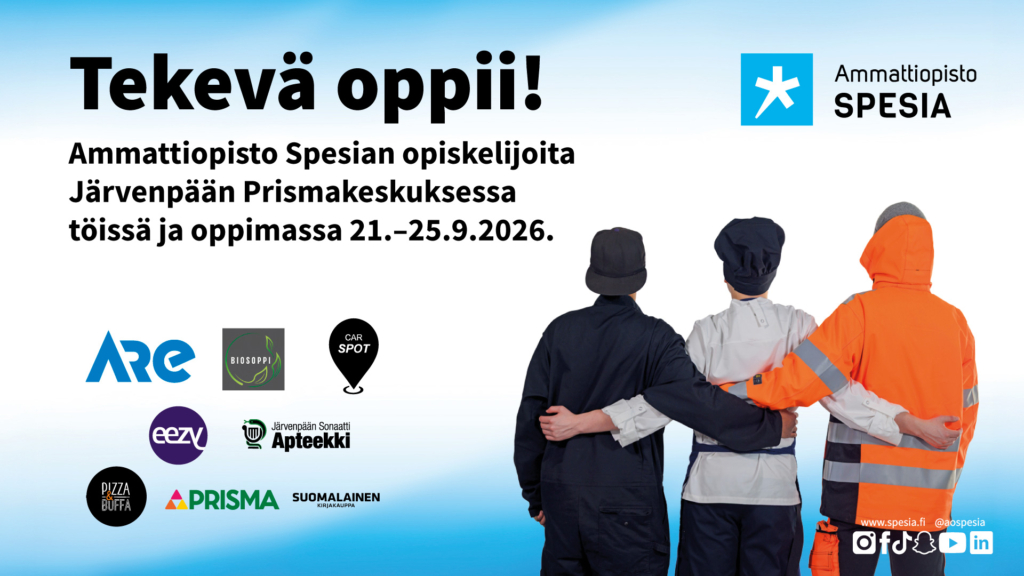 Ammattiopisto Spesian Tekevä oppii! -kampanjakuva. Spesian opiskelijoita työssä ja oppimassa Järvenpään Prismakeskuksessa 21.–25.9.2026. Kuvassa kolme eri työasuihin pukeutunutta opiskelijaa selin kameraan sekä yhteistyökumppaneiden logoja.