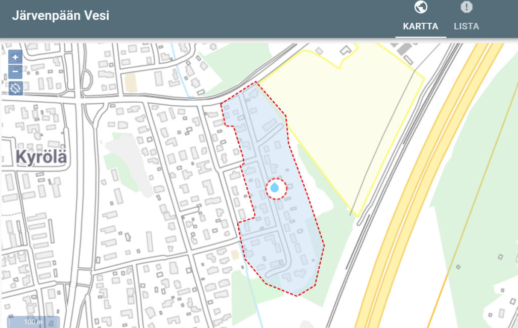 Karttakuva vesikatkoalueesta Järvenpään Satukalliossa.