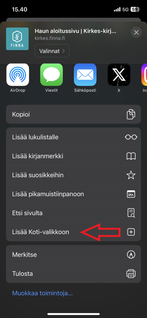 Punainen nuoli osoittaa toimintavalikossa linkkiä "Lisää Koti-valikkoon".
