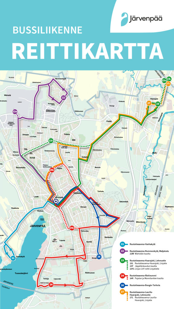 Karttakuva Järvenpään sisäisen liikenteen bussireiteistä.