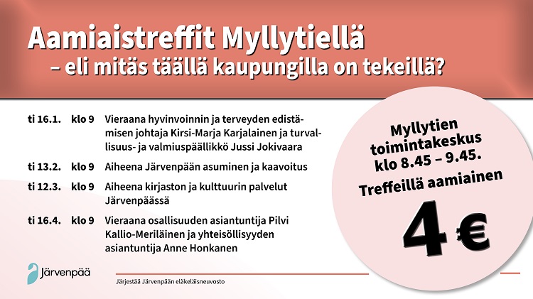 Juliste jossa kerrotaan aamiaistreffien vieraat keväällä 2024-