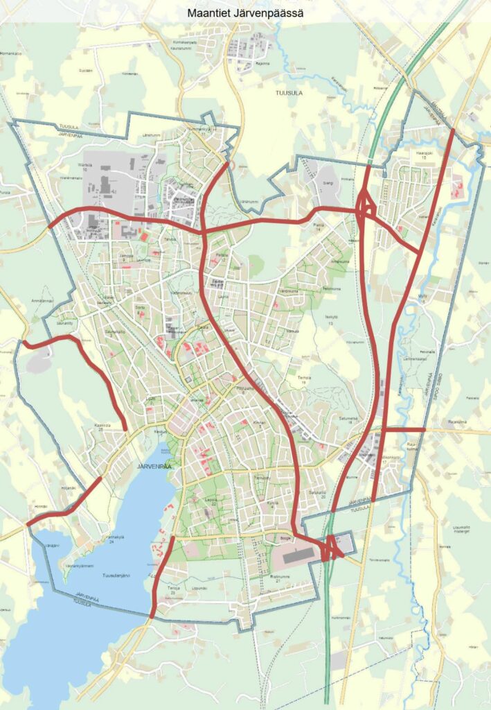 Karttaan on merkitty punaisella Järvenpään alueella olevat maantiet.