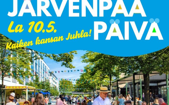 Järvenpää-päivän juliste, jossa on kuva ulkoilmatapahtumasta. Teksti: 'Järvenpää Päivä La 10.5. Kaiken kansan juhla!'