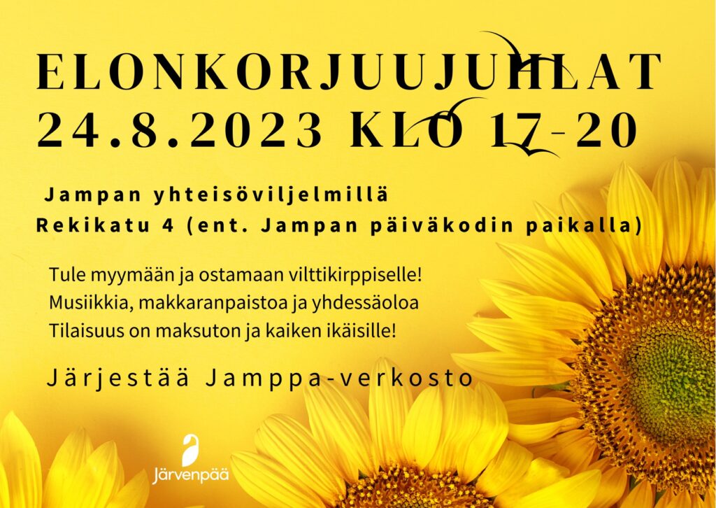 Juliste, auringonkukka, tekstissä tiedot Elonkorjuujuhlasta
