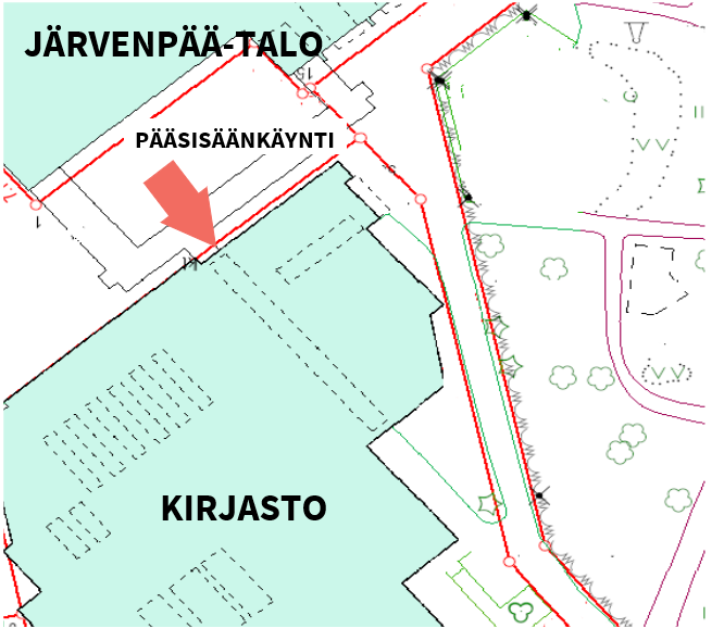 Kirjaston pääsisäänkäynti kartalla.