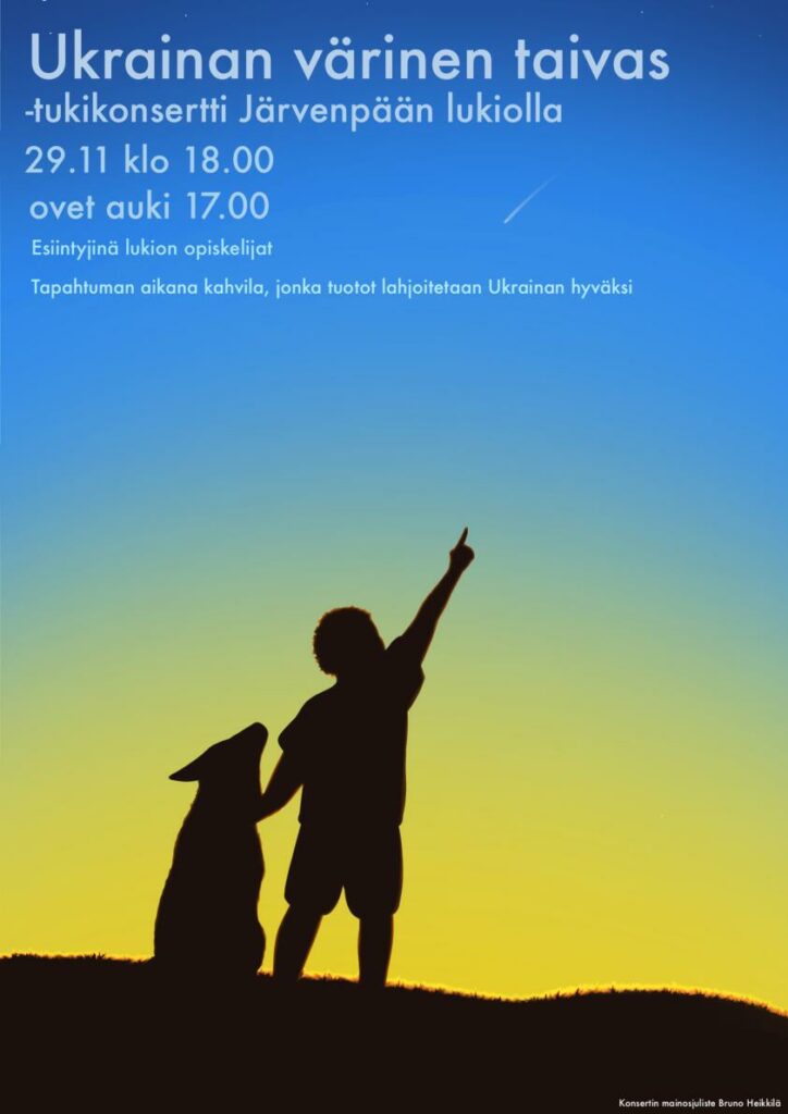 Piirroskuvassa nuori henkilö ja koira/susi katsovat taivaalle. Kuvatekstinä "Ukrainan värinen taivas".